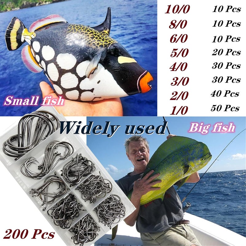 DAMIDEL 200Pcs/Box（Size:10/0... to...1/0 Strong Octopus Fishing Hooks, Forged Steel/Barded Design, Off-Set Point/Closed Eye, Strong/Sturdy, 10/0 8/0 6/0 5/0 4/0 3/0 2/0 1/0 Mixed Packaging - Image 4